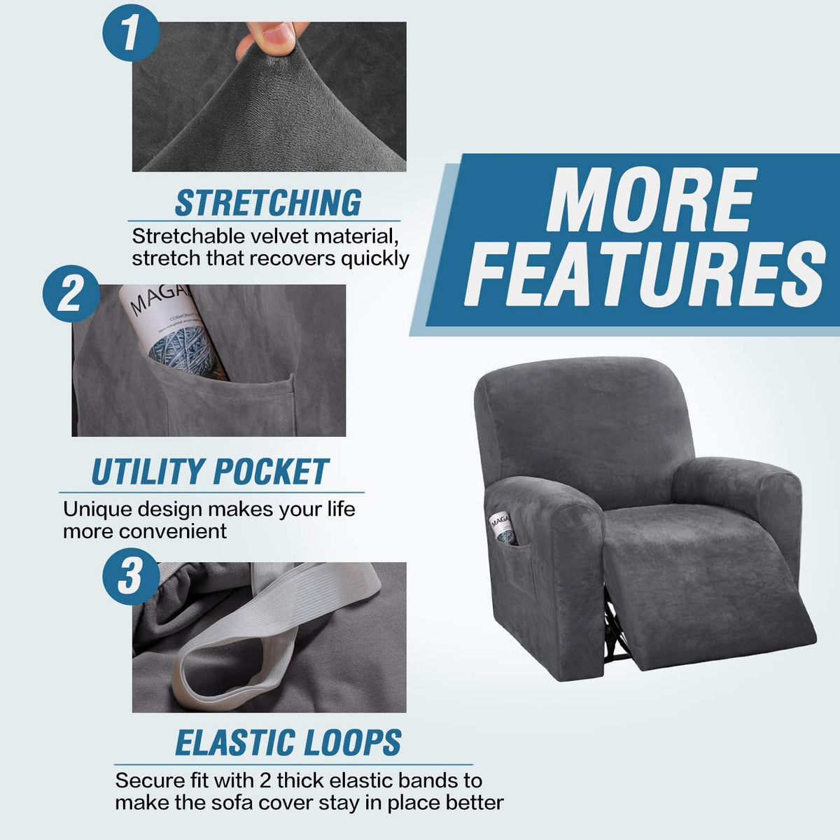 Velvet Stretch Recliner Couch Covers 4-Pieces Style Recliner Chair Covers Recliner Cover for Reclining Chair Slipcovers Feature Non Slip Form Fitted Thick Soft Washable, Grey