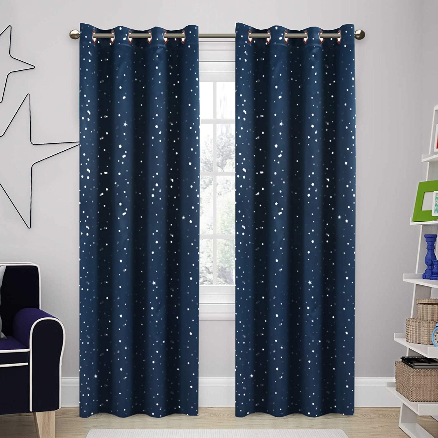 Blackout Star Curtains for Kids Room Boys Girls Twinkle Silver Stars Full Light Blocking Cute Thick Soft Curtain Drapes, Grommet Top, 2 Panels, 52" W X 84" L, Navy