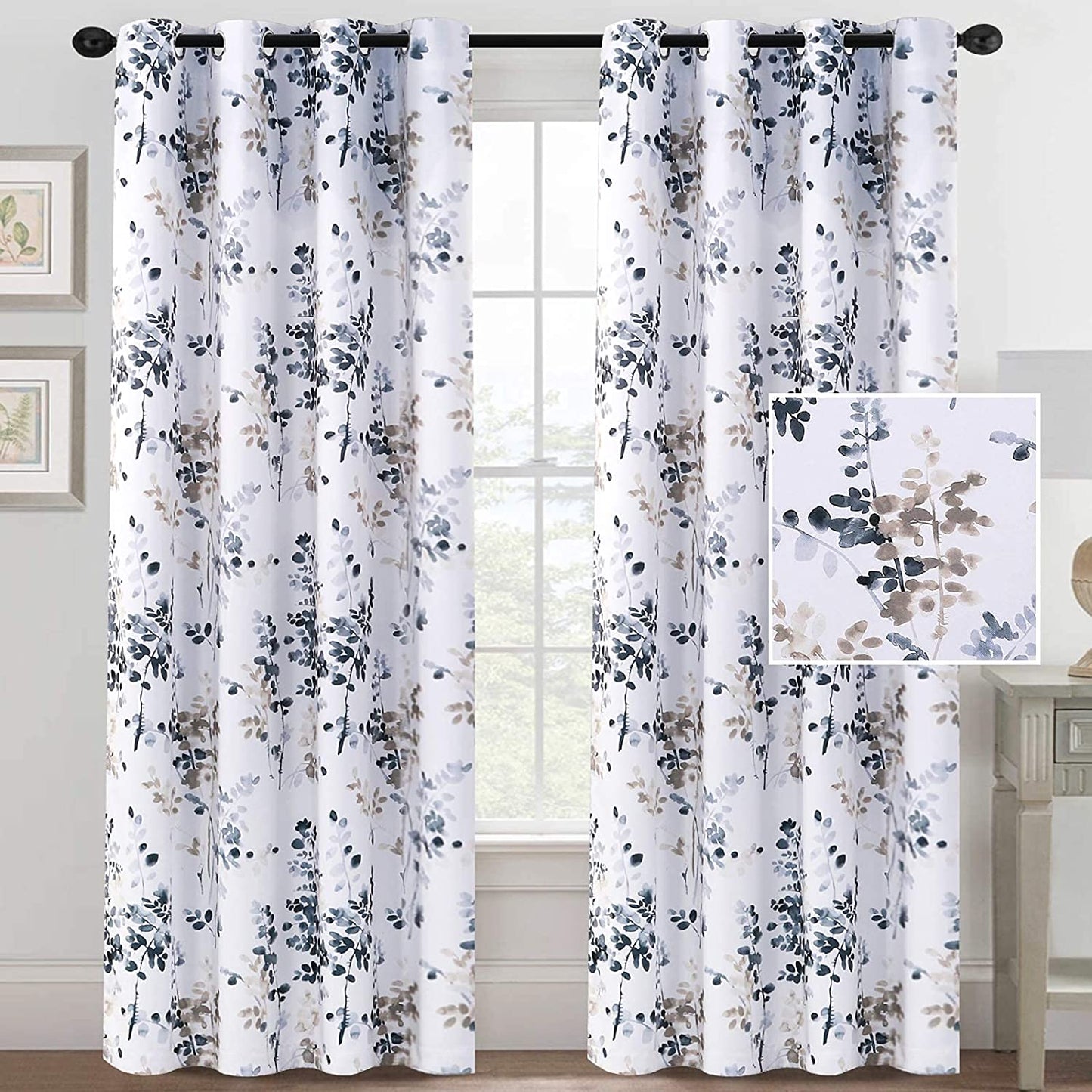 Blackout Curtains for Living Room Darkening Thermal Insulated Panels 84 Inch Long Light Blocking Grommet Curtains/Drapes, Bluestone and Taupe Vintage Classical Floral Printing, 2 Panels