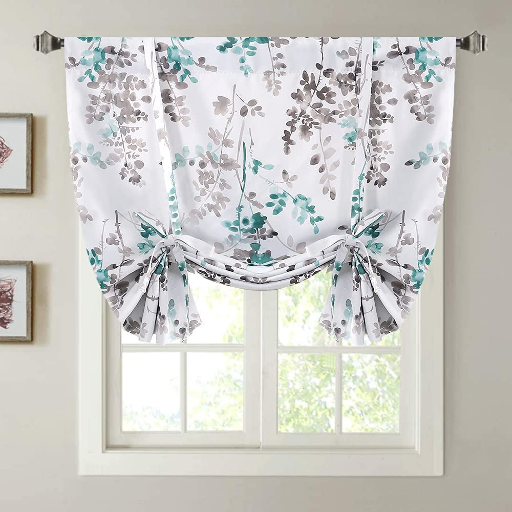 Blackout Tie up Curtain - Thermal Insulated Balloon Curtain for Small Window Adjustable Kitchen Tie up Curtain (Floral Pattern in Bluestone and Taupe, Rod Pocket Panel, 42 Inches W X 63 Inches L)