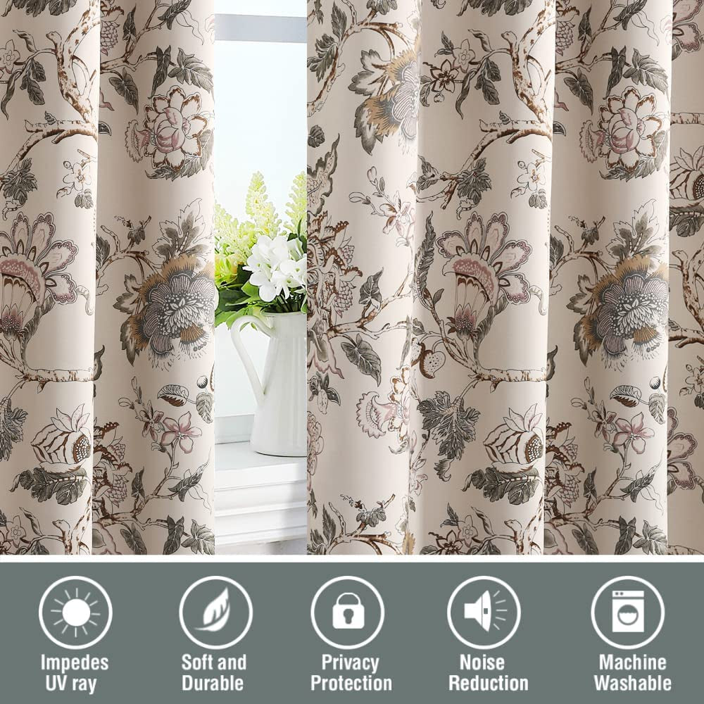 Blackout Curtains 84 Inch Length 2 Panels Set Floral Print Curtain Drapes for Living Room Thermal Insulated Grommet Window Curtains for Bedroom - Traditional Floral in Sage and Brown