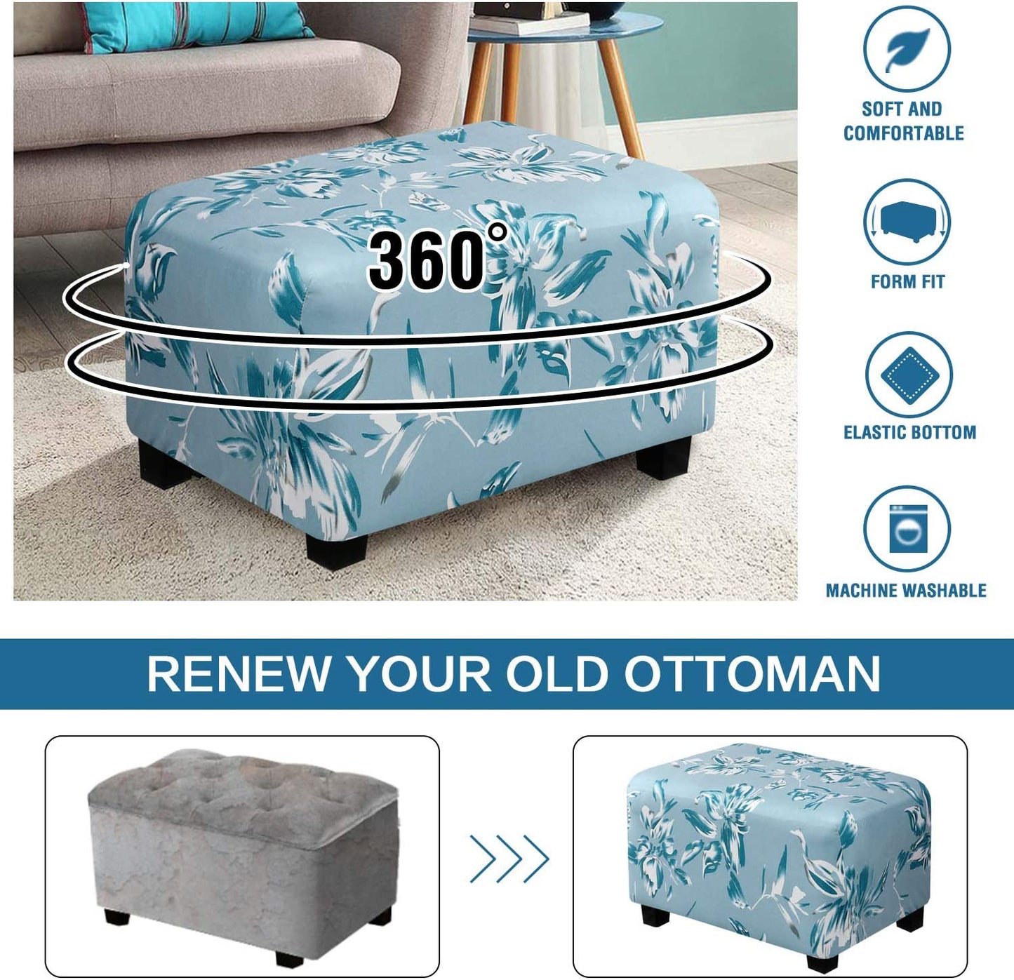Ottoman Slipcovers Rectangle Super Stretch Footrest Sofa Slipcovers Footstool Protector Covers Feature Soft Thick Bouncy Modern Style with Elastic Bottom(Ottoman Large, Aqua)