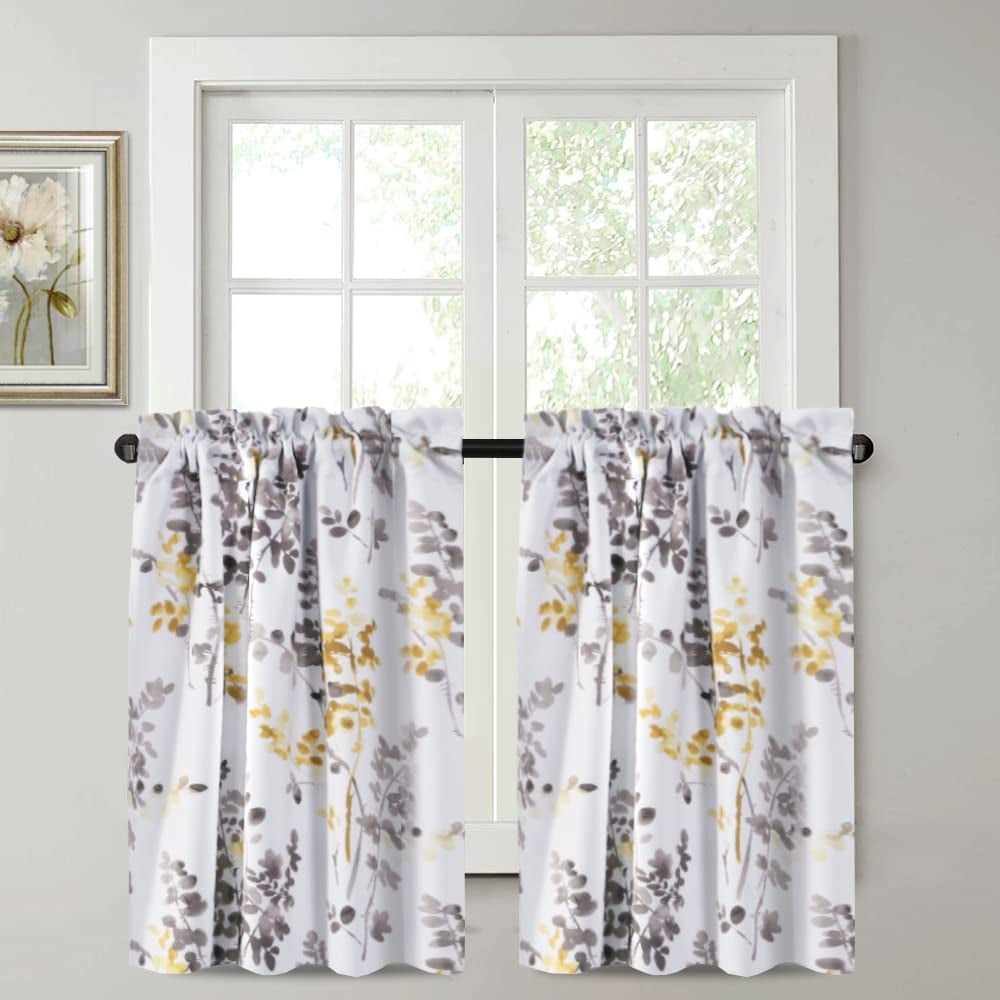 Blackout Tie up Curtain - Thermal Insulated Balloon Curtain for Small Window Adjustable Kitchen Tie up Curtain (Floral Pattern in Bluestone and Taupe, Rod Pocket Panel, 42 Inches W X 63 Inches L)