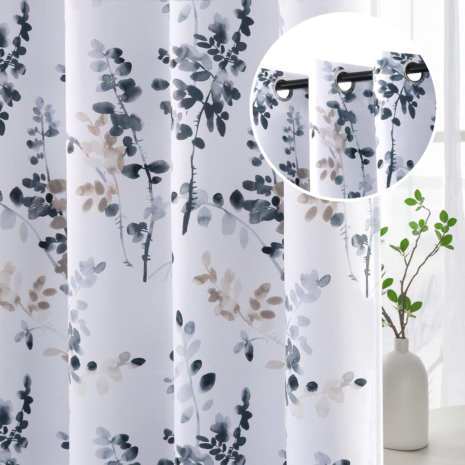 Blackout Curtains for Living Room Darkening Thermal Insulated Panels 84 Inch Long Light Blocking Grommet Curtains/Drapes, Bluestone and Taupe Vintage Classical Floral Printing, 2 Panels