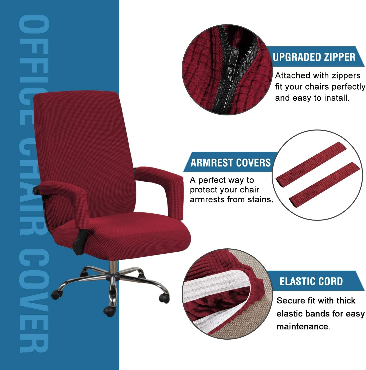 Home Office Chair Covers Stretchable Computer Desk Chair Covers Mid - High Back Universal Executive Boss Chair Covers Gaming Chair Covers Non Slip Thick Jacquard, Burgundy Red - Medium