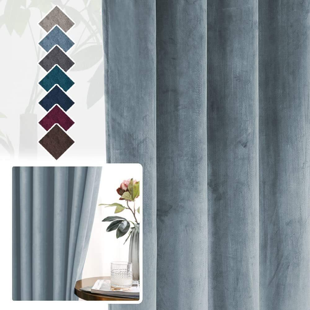 Luxury Velvet Curtains for Living Room 84 Inches Room Darkening Super Thick Soft Velvet Textured Window Curtain Drapes Thermal Insulated Grommet Decoration 2 Panels, Each 52 X 84 Inch, Stone Blue