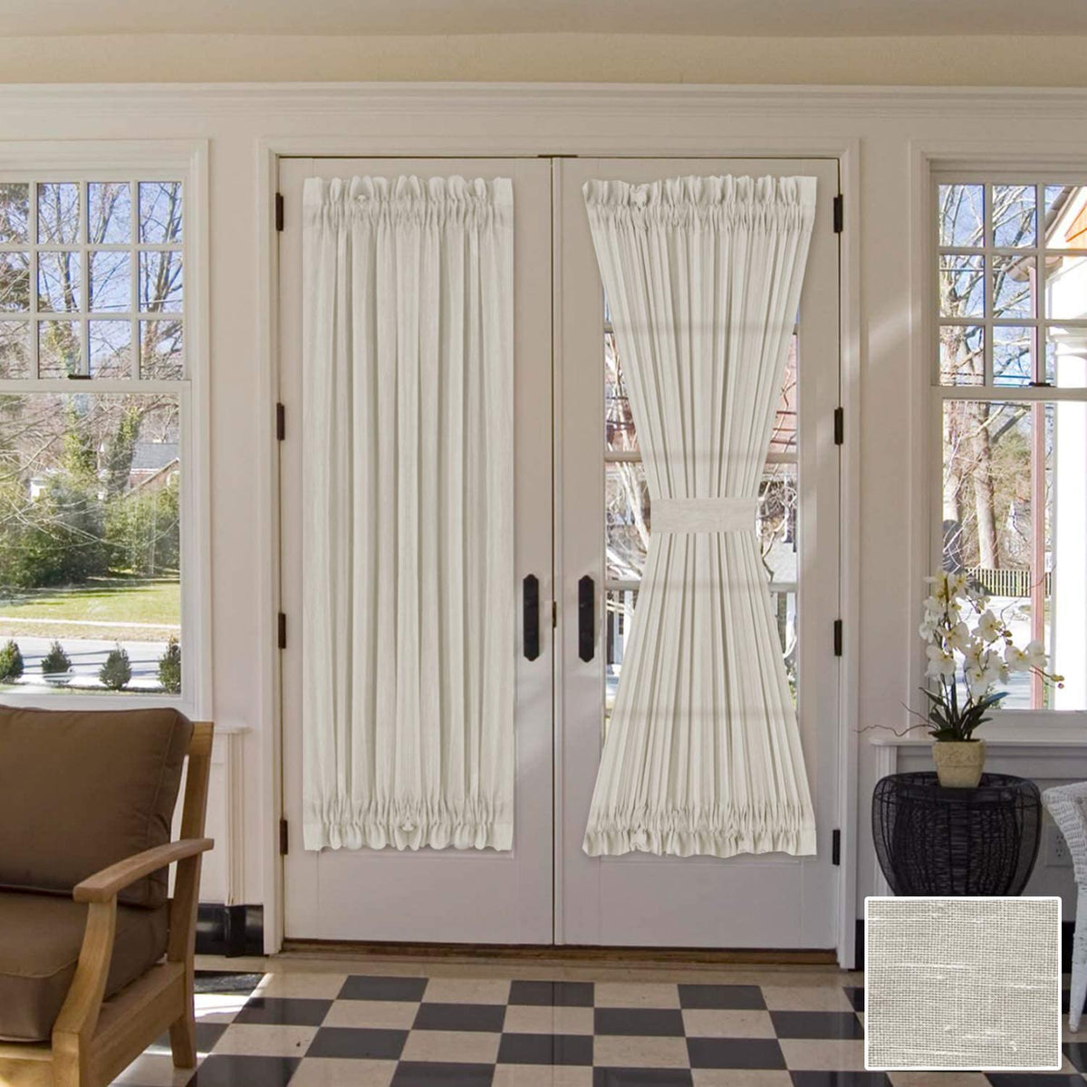 Linen French Door Curtains Privacy Light Reducing Door Curtain with Tieback | Rod Pocket Curtain 1 Panel for Glass Door Feature Open Weave Textured Linen - 52"X72" - Tan