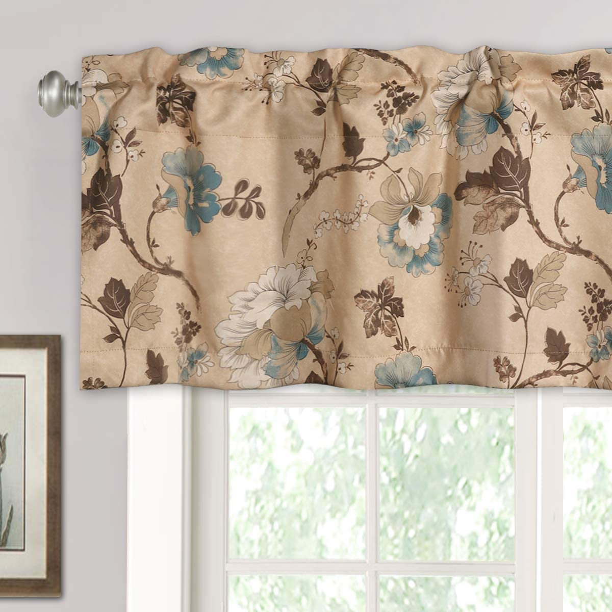 Blackout Curtain Valances for Kitchen Window/Living Room/Bathroom Privacy Added Rod Pocket Home Decoration Winow Valance, 52" W X 18" L, Flroal in Sage and Brown