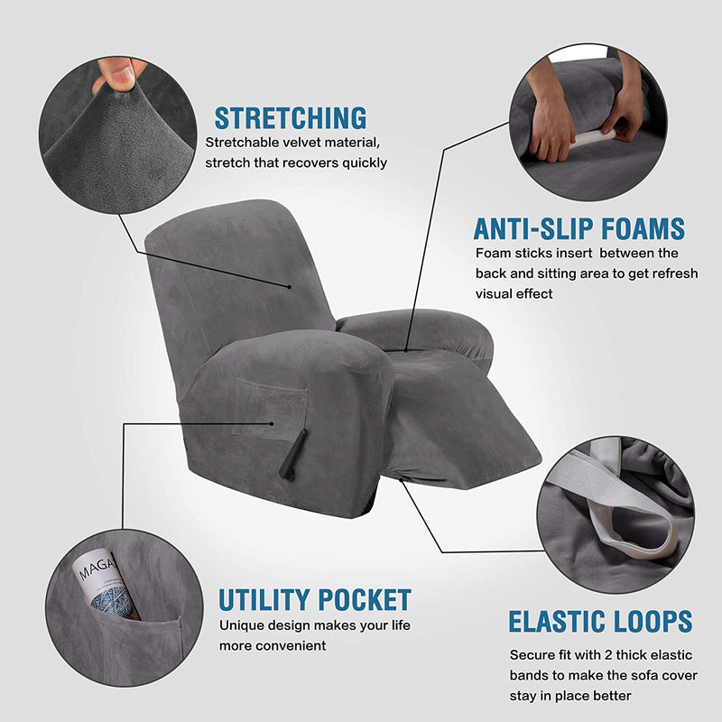 Recliner Chair Cover Velvet Plush 1-Piece Recliner Covers for Large Recliner, Soft Thick Luxury Velvet Furniture Protector with Elastic Bottom, Anti-Slip Foams Attached (Recliner, Grey)