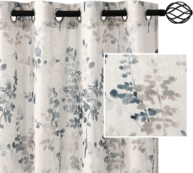 Sheer Linen Curtains 84 Inch Long Semi Sheer Curtains Draperies for Living Room/Bedroom Bluestone and Taupe Vintage Classical Floral Printing Window Treatment Grommet 2 Panels