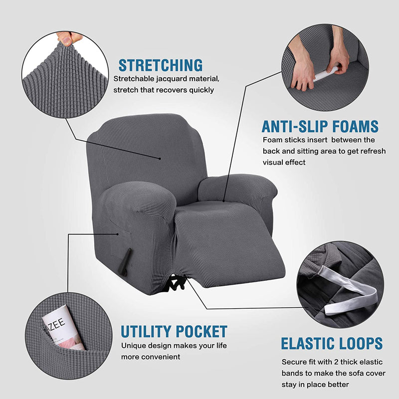 Super Stretch Recliner Cover Recliner Couch Covers Recliner Chair Cover Form Fitted Non Slip Reclining Slipcovers for Standard Large Recliner, Soft Thick (Grey - 1 Pack)