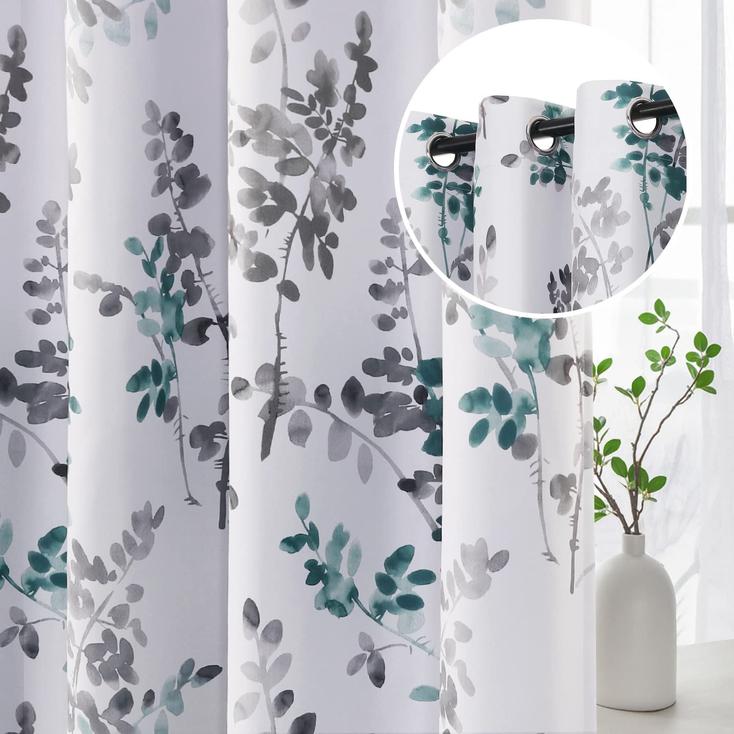 Blackout Curtains for Living Room Darkening Thermal Insulated Panels 84 Inch Long Light Blocking Grommet Curtains/Drapes, Bluestone and Taupe Vintage Classical Floral Printing, 2 Panels