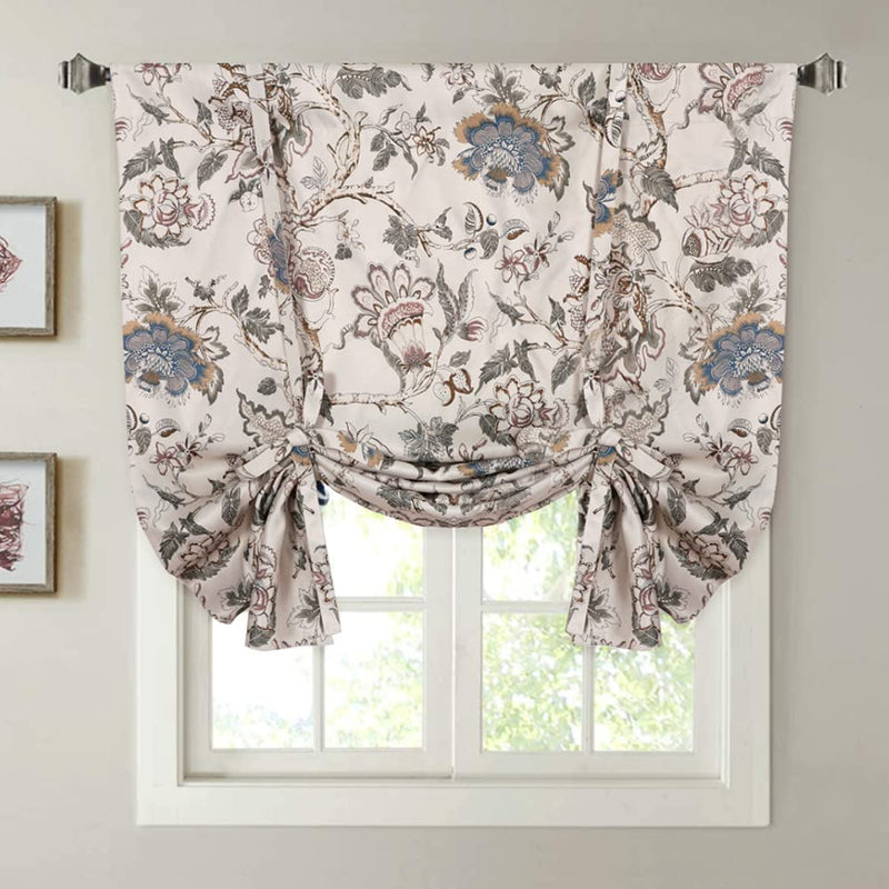 Thermal Insulated Blackout Curtain Adjustable Tie up Shade Rod Pocket Panel for Small Window-42 Wide by 63" Long-Vintage Floral Pattern in Sage and Brown