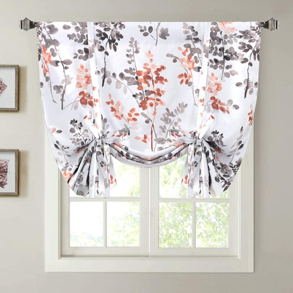 Blackout Tie up Curtain - Thermal Insulated Balloon Curtain for Small Window Adjustable Kitchen Tie up Curtain (Floral Pattern in Bluestone and Taupe, Rod Pocket Panel, 42 Inches W X 63 Inches L)