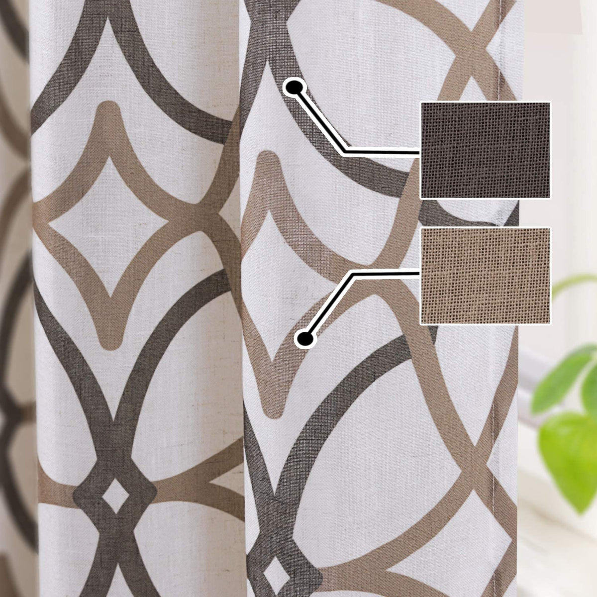 Linen Curtain 84 Inch Length 2 Panel Linen Sheer Curtains Textured Flax Window Curtain Draps for Living Room, Privacy Modern Printed Grommet Curtain Geometric Taupe/Brown