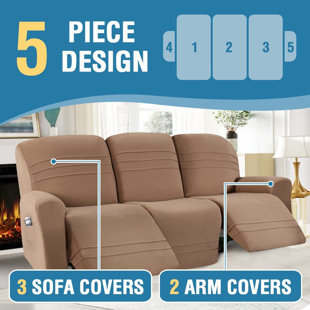 2023 New Version 5-Pieces Recliner Sofa Covers Stretch Reclining Couch Covers for 3 Cushion Reclining Sofa Slipcovers Furniture Covers Form Fit Customized Style Thick Soft, Camel