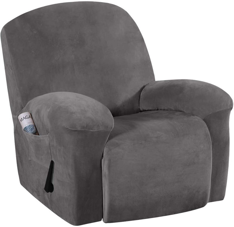 Recliner Chair Cover Velvet Plush 1-Piece Recliner Covers for Large Recliner, Soft Thick Luxury Velvet Furniture Protector with Elastic Bottom, Anti-Slip Foams Attached (Recliner, Grey)