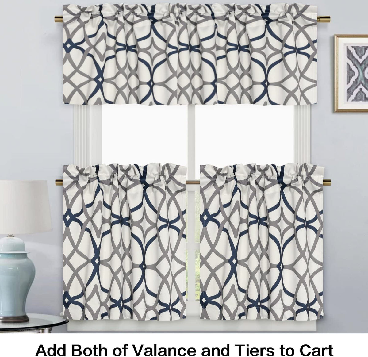 Blackout Curtain Valances for Kitchen/Bathroom - Thermal Insulated Window Valances for Living Room/Bedroom Rod Pocket Short Curtain 1 Panel, 52X18 Inch, Geo in Grey and Navy