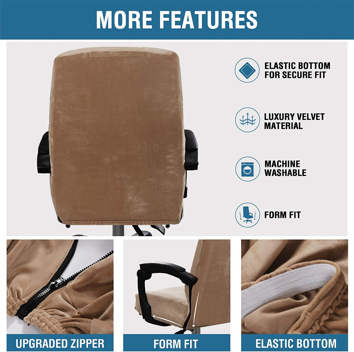 Velvet Home Office Chair Covers Stretchable Computer Desk Chair Covers Mid - High Back Universal Executive Boss Chair Covers Gaming Chair Covers Removable Machine Washable, Camel