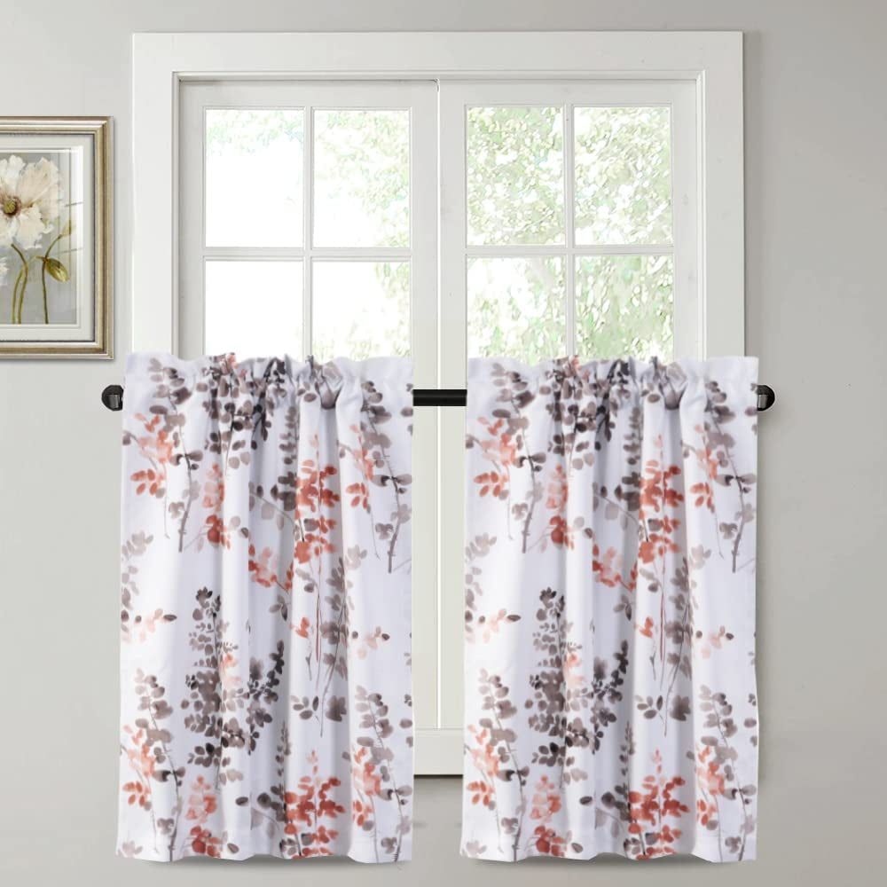 Blackout Tie up Curtain - Thermal Insulated Balloon Curtain for Small Window Adjustable Kitchen Tie up Curtain (Floral Pattern in Bluestone and Taupe, Rod Pocket Panel, 42 Inches W X 63 Inches L)